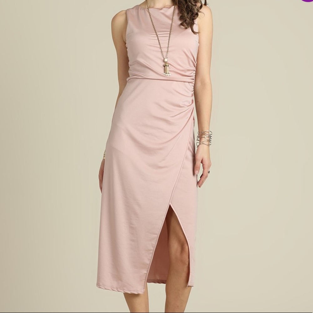 Dusty Rose Halter Gathered A Line Knit Keyhole Dress Side Slit